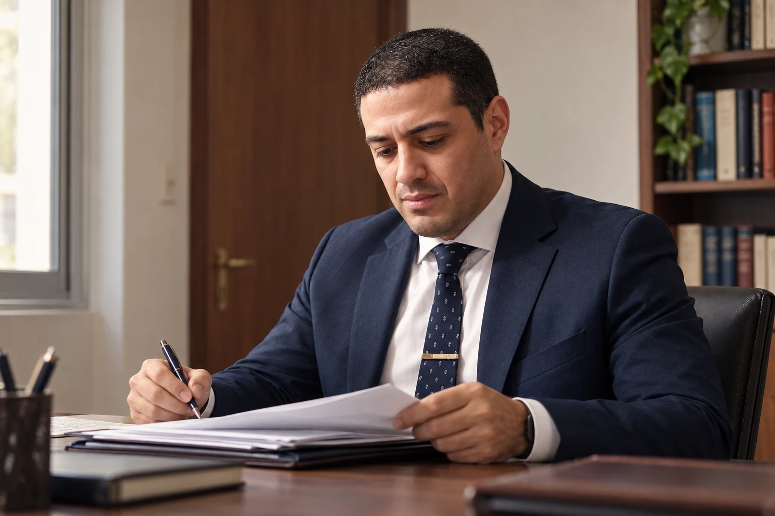 Escena editorial de Facundo Privitiera revisando documentación, creada a partir de sus fotografías